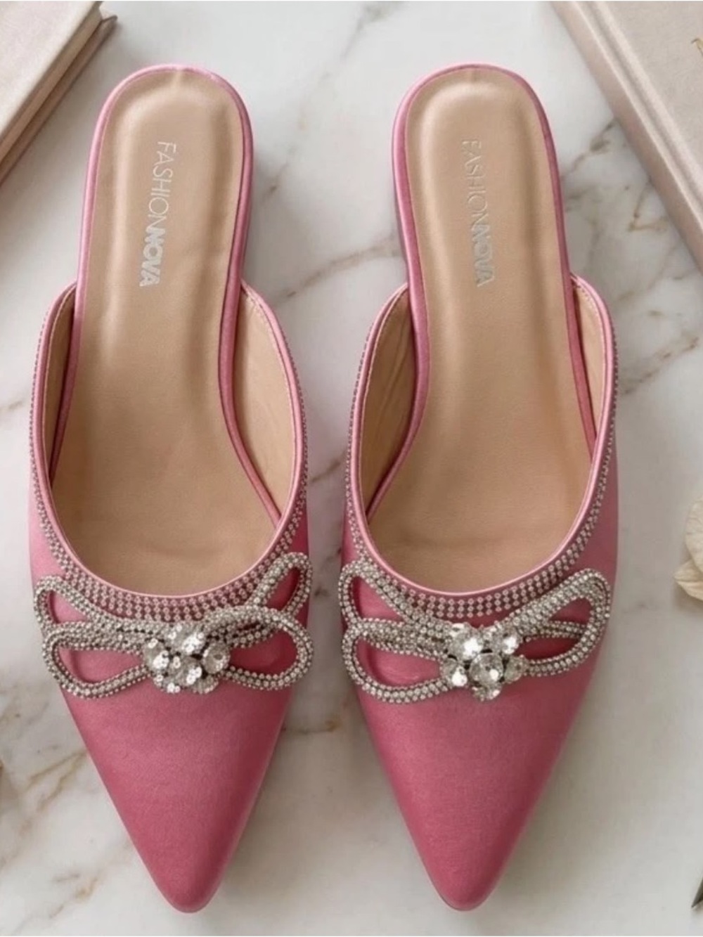 Fashion Nova Pink Satin Pointed-Toe Crystal Bow Mules